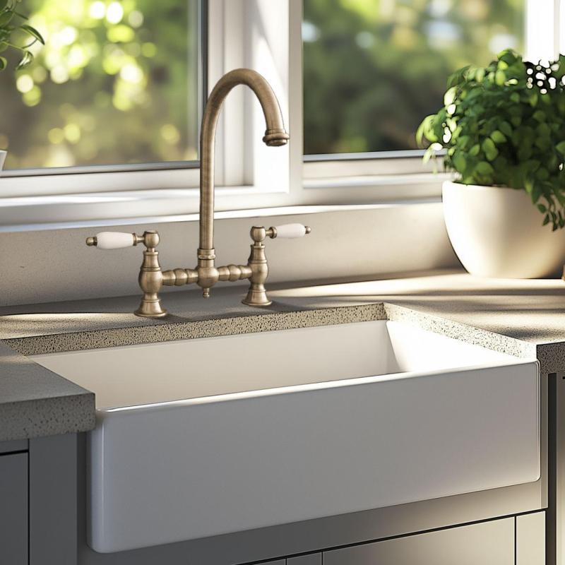 Torneira de Cozinha Nostálgica PB para Pia com Bico Redondo em Bronze e Alavancas Brancas PBN.BRO.R.WH