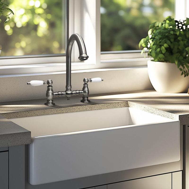 PB Nostálgica Torneira de Cozinha de Ponte em Aço Inoxidável com Bica Redonda e Alavancas Brancas PBN.RVS.R.WH