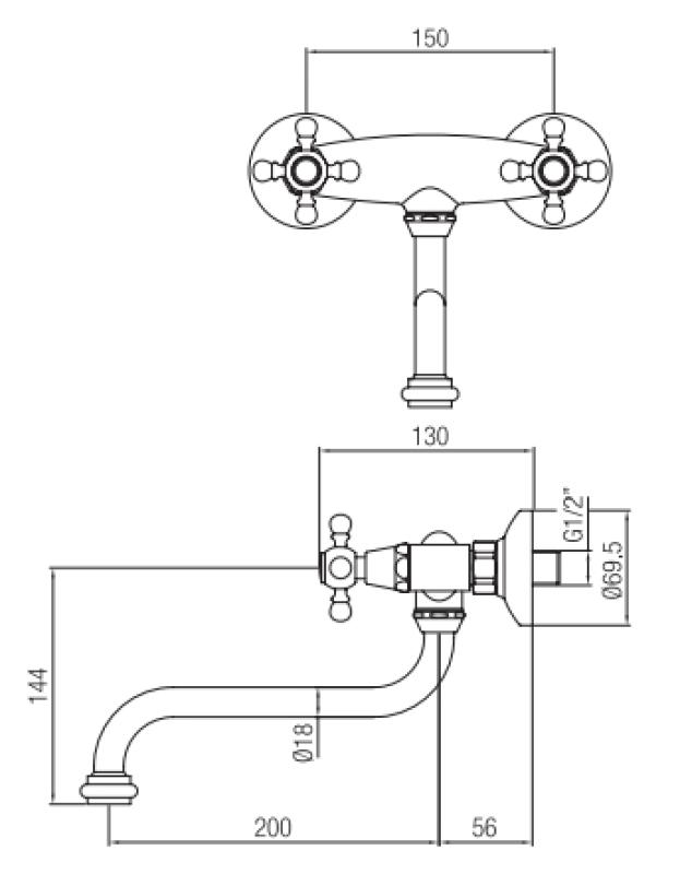PB Torneira de cozinha nostálgica Classic C de parede em aço inoxidável 10.2722