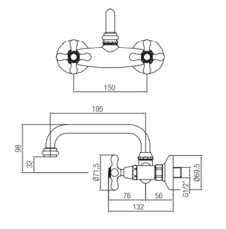 Torneira de cozinha nostálgica PB V2723 para parede Cromada