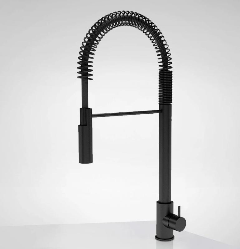 Torneira de cozinha semiprofissional Waterrevolution Flow em preto mate com coluna e mola T157PR