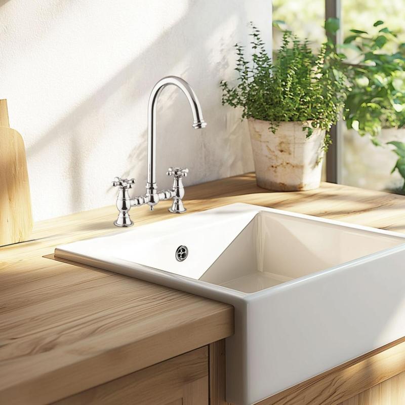 Torneira de Cozinha Nostálgica para Pia Cromada com Bico Redondo e Manípulos em Estrela PBN.CHR.R.ST