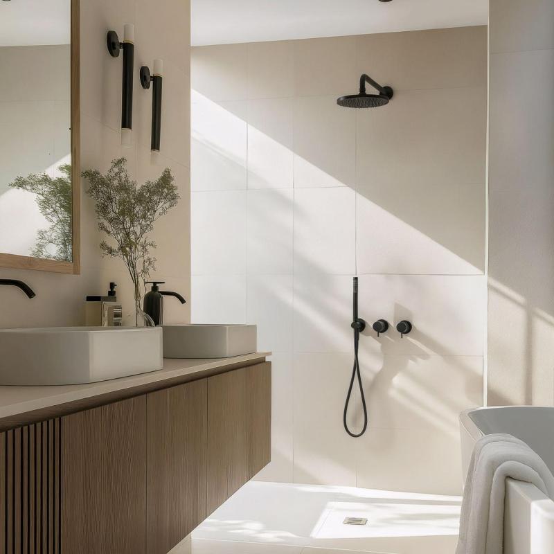 Waterevolution Flow conjunto de chuveiro embutido preto fosco com termostato, chuveiro de teto e ducha manual 1208846402