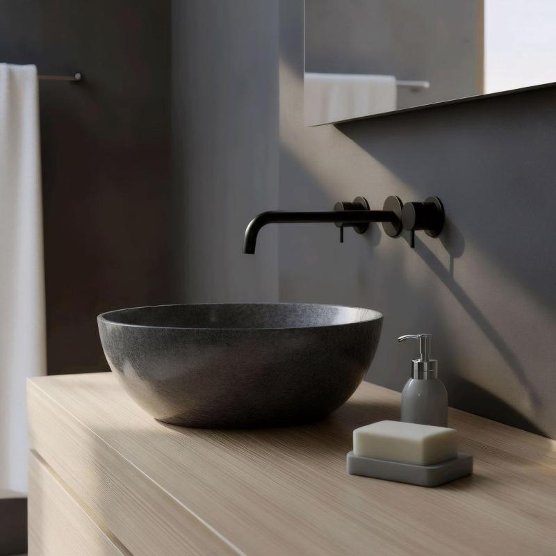 Waterevolution Flow Torneira de lavatório embutida de 3 furos, preto mate, com bico de 25 cm T1163FPR-25