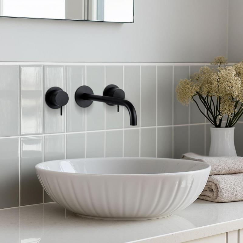 Waterevolution Flow Torneira de lavatório embutida de 3 furos, preto mate, com bico de 25 cm T1163FPR-25