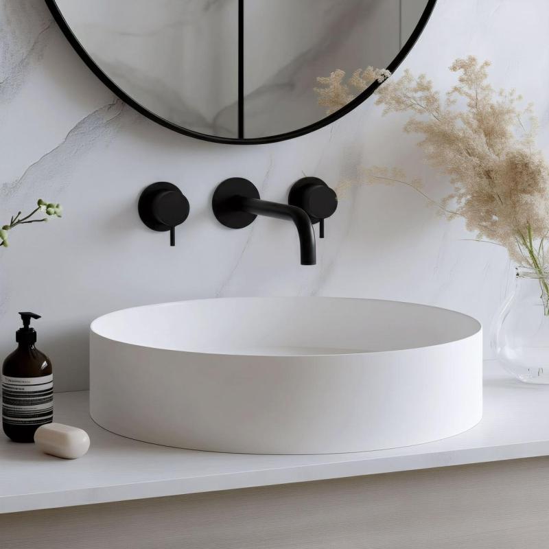 Torneira de lavatório embutida Waterrevolution Flow de 3 furos, preto mate, com bico de 15 cm T1163FPR-15