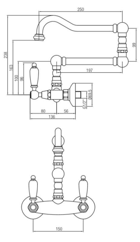 PB torneira clássica Torneira de parede Montagem externa Alavancas brancas Bico giratório extra longo Aço inoxidável 1208854252