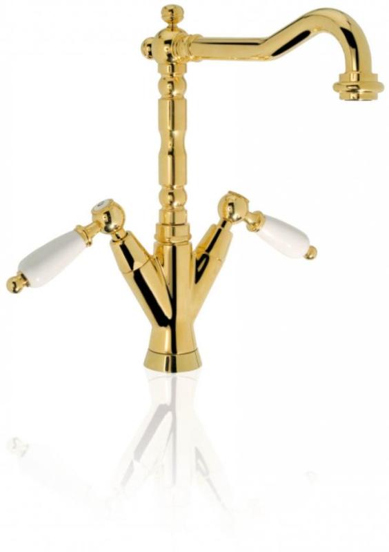 PB torneira clássica para lavatório com alavancas brancas, bica de 18,5 cm, aço inoxidável 1208854312