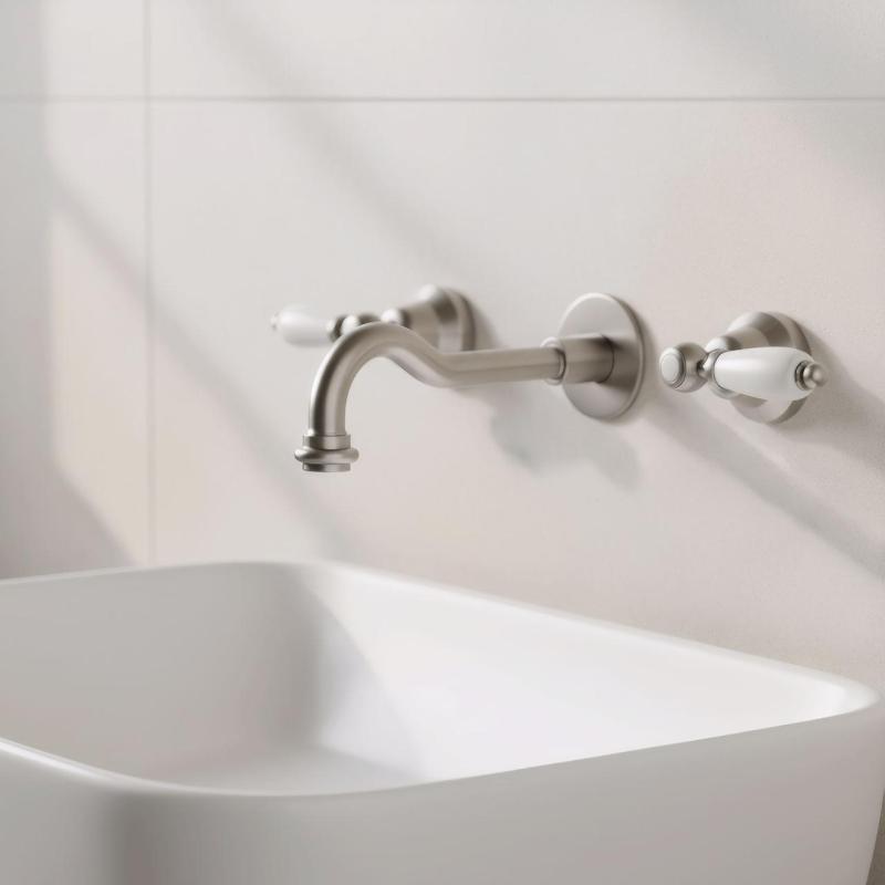 PB torneira clássica embutida na parede com alavancas brancas, bica de 25 cm, aço inoxidável 1208854402