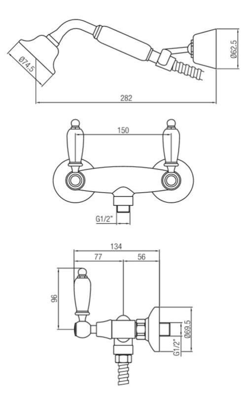 PB torneira clássica de montagem em superfície com manípulos brancos, incluindo chuveiro de mão em aço inoxidável 1208854492