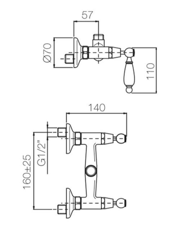 Torneira clássica PB para chuveiro com alavancas brancas, bronze, conexão superior 1208854542