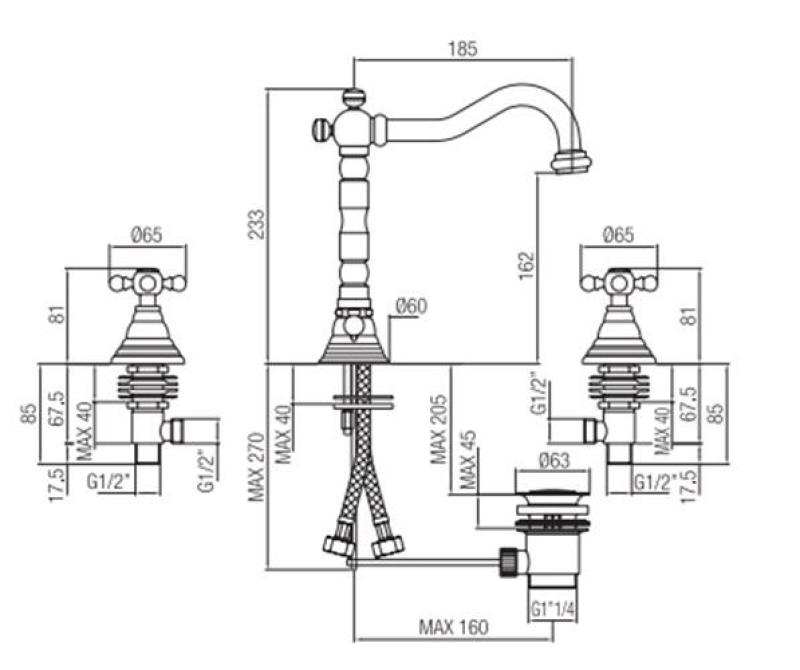 PB kraan clássica de lavatório de 3 furos com botões em forma de estrela e bica de 18,5 cm em Cromado 1208854922