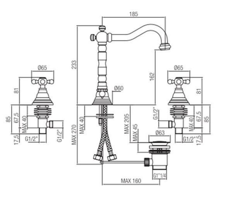 PB torneira de lavatório clássica de 3 furos com manípulos em forma de estrela e bica de 18,5 cm em aço inoxidável 1208854952