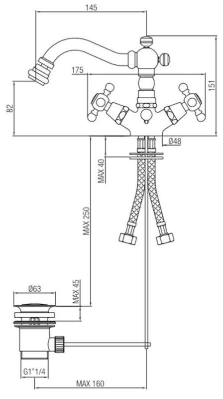 Torneira de bidé clássica PB com bica de 145 mm em aço inoxidável 1208855032