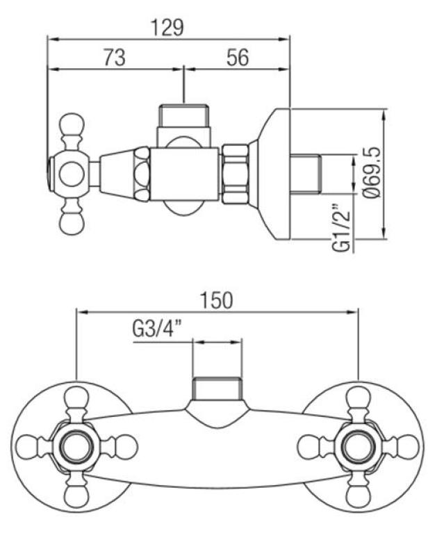 PB torneira clássica de montagem externa para chuveiro com manípulos em forma de estrela, conexão superior em aço inoxidável 1208855322