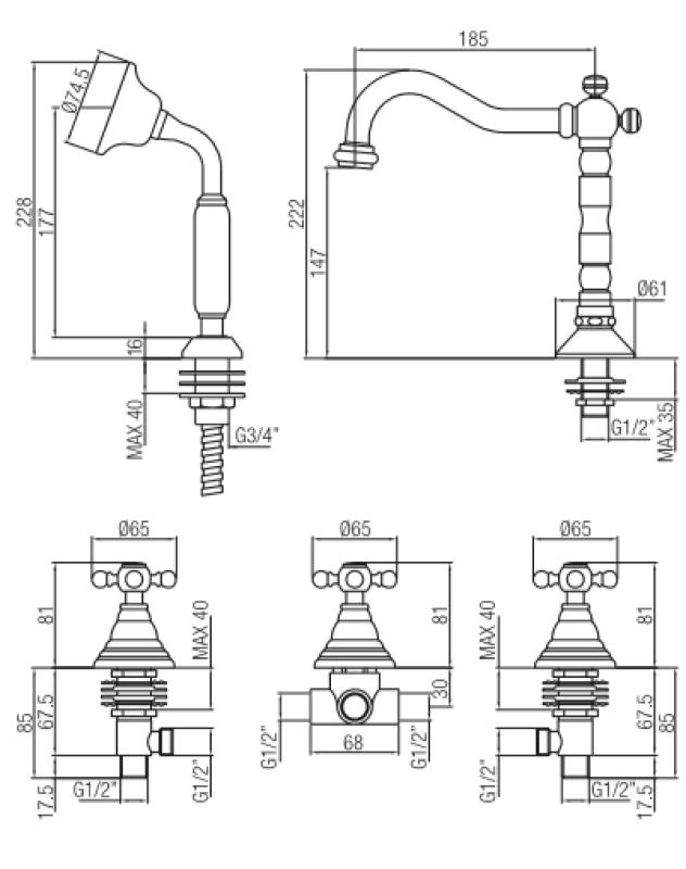 PB torneira clássica de borda de banheira com 5 furos e alças em forma de estrela bronze 1208855782