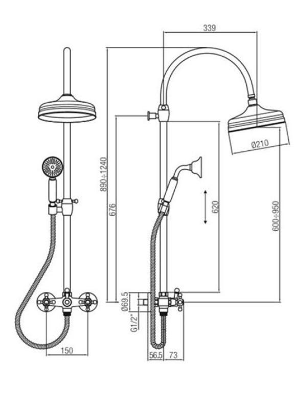 Conjunto de chuveiro clássico PB com botões de controle e coluna de chuveiro telescópica com chuveiro de chuva, cromo, 1208855922