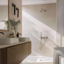 Waterevolution Flow conjunto de chuveiro embutido com termostato, chuveiro de teto e ducha de mão, aço inoxidável maciço 1208889792