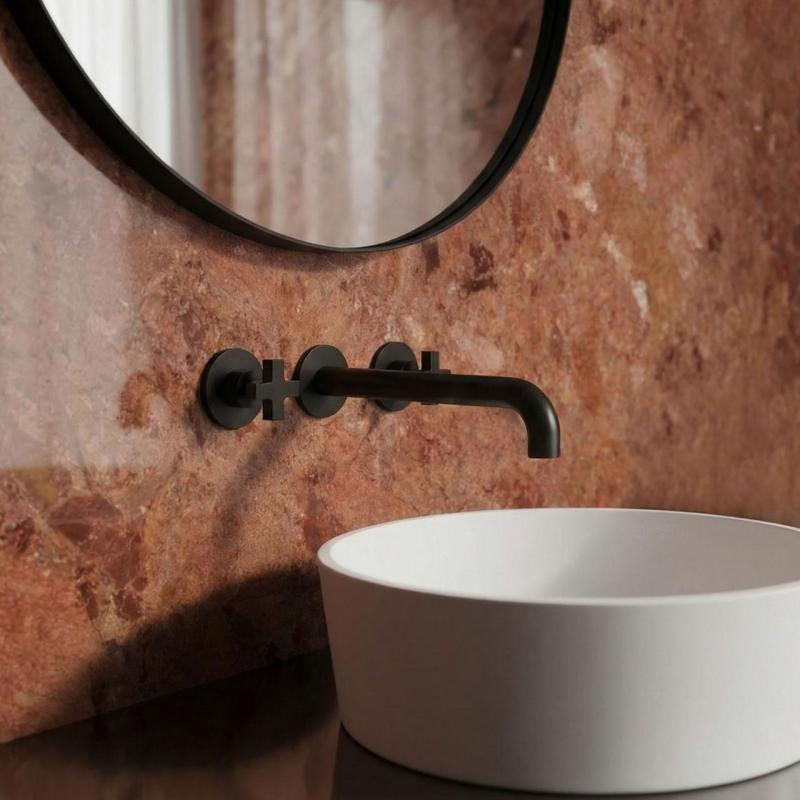 Revolução da Água Cruz Torneira de Lavatório Embutida 3 Furos Preto Fosco 19cm Saída 1208916572