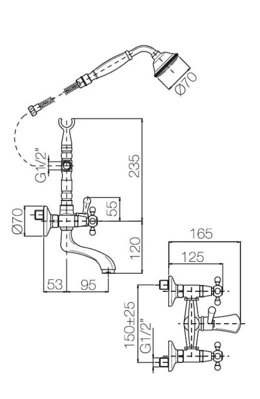 PB Torneira de banheira independente nostálgica com manípulos em estrela cromada 6000