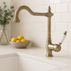 Torneira de cozinha nostálgica PB monocomando de montagem com alavanca branca em aço inoxidável 1208952878