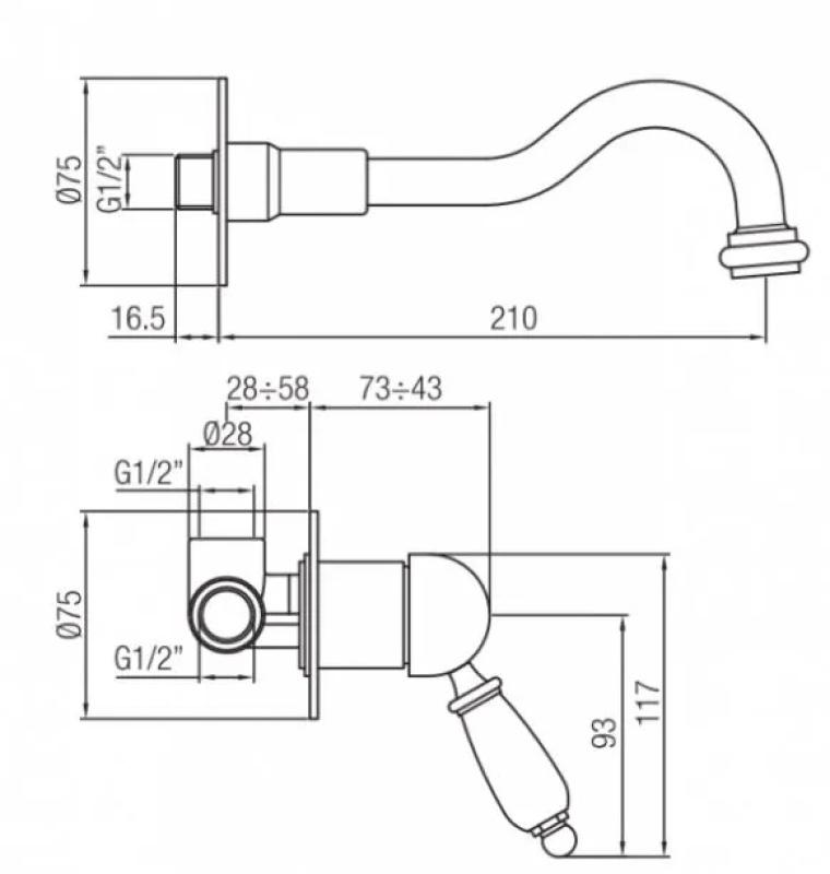 Mistura de lavatório embutida nostálgica PB com bica Vintage de 21cm em aço inoxidável (RVS).
