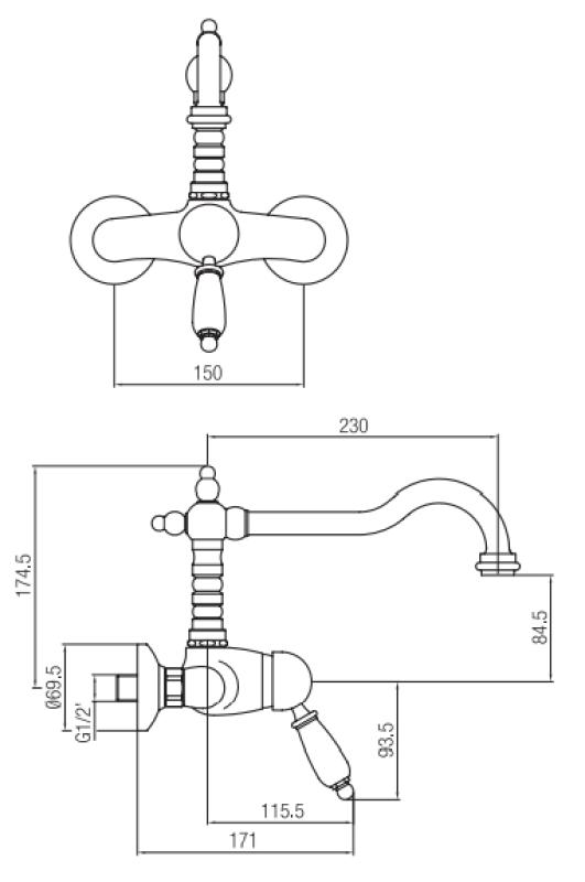 PB nostálgica torneira de parede de uma alavanca com alavanca branca Bronze