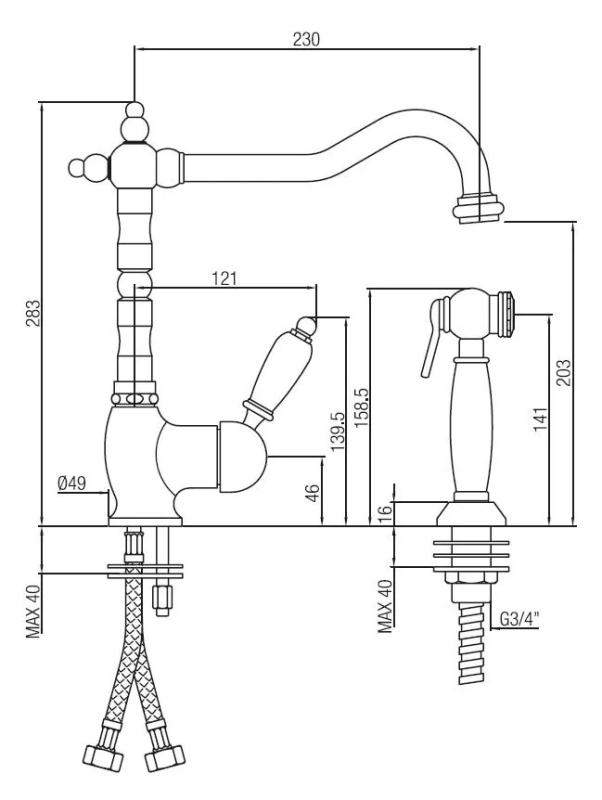 Torneira de cozinha nostálgica PB com ducha manual retrátil separada cromada