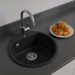 GraniteMy Bremen pia redonda de granito 43 cm preta de sobrepor e de embutir com bancada para torneira e tampa de aço inoxidável 1208953206