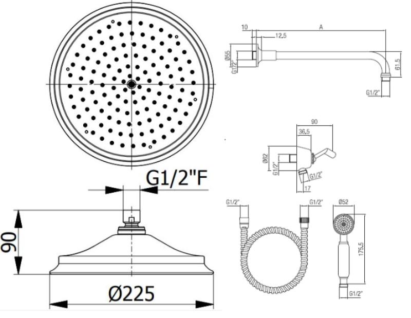 PB classic nostálgico conjunto de chuveiro embutido clássico cromado com ducha de mão e ducha de chuva 225mm 1208953841