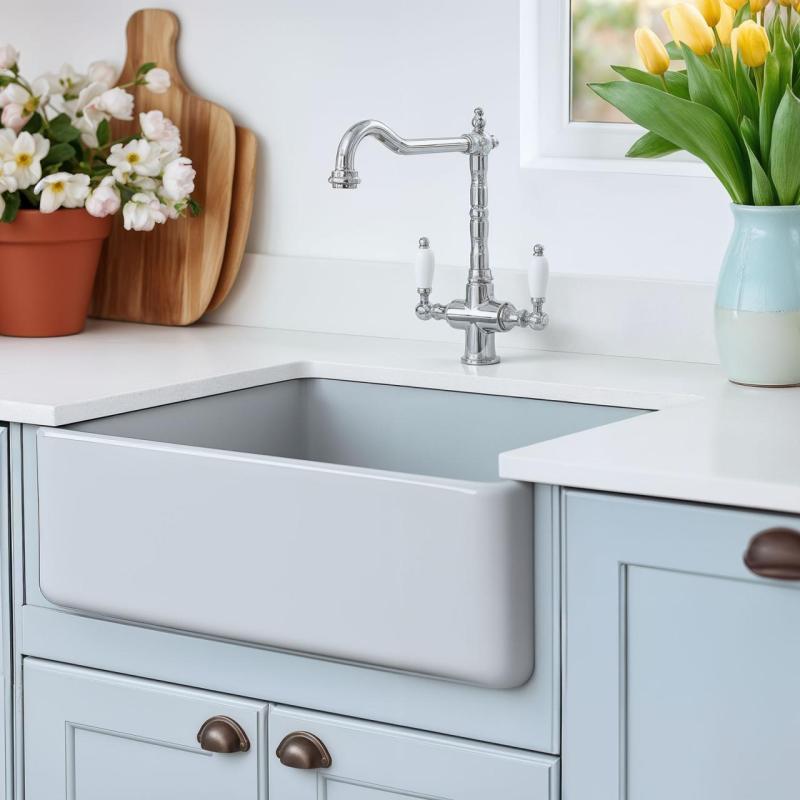 PB Torneira de cozinha clássica nostálgica de estilo campestre cromada com alavancas brancas 1208953911