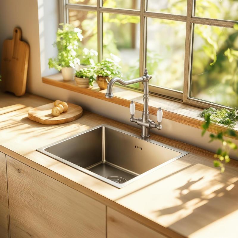 PB Torneira de cozinha campestre clássica nostálgica em aço inoxidável com alavancas brancas 1208953915