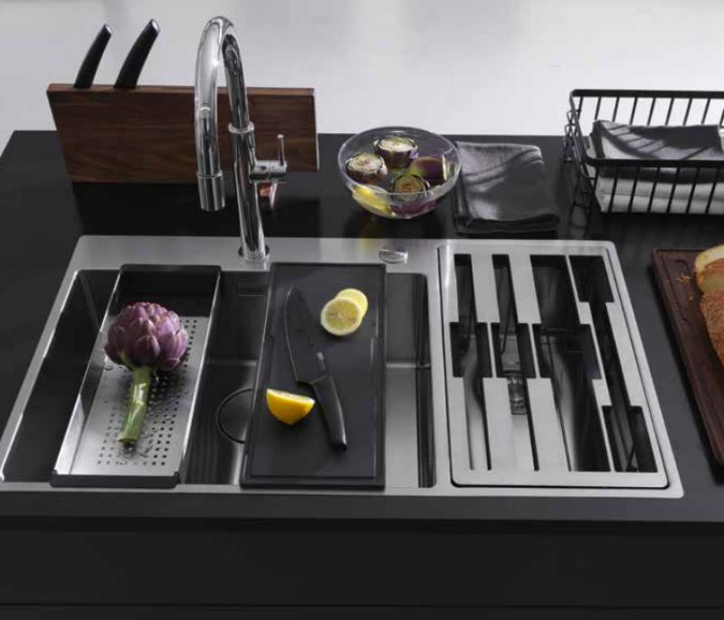 Franke Box Center BWX220-54-27 pia de aço inoxidável à esquerda com tábua de corte, conjunto de facas e cesta de arame 86x51cm 127.0587.643