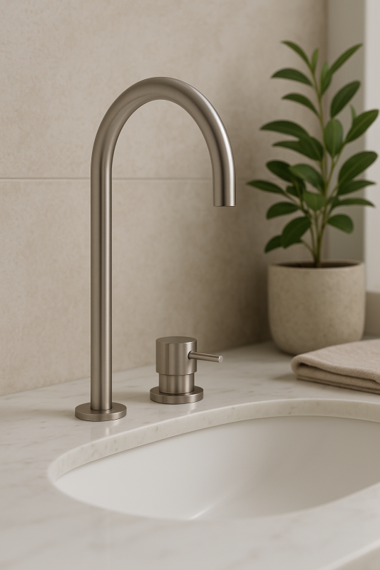 Torneira de lavatório Waterevolution Flow de 2 furos totalmente em aço inoxidável com bico alto de 200 mm T1122UIE