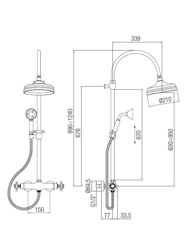 PB Classic coluna de duche clássica com misturadora termostática e chuveiro de teto em aço inoxidável