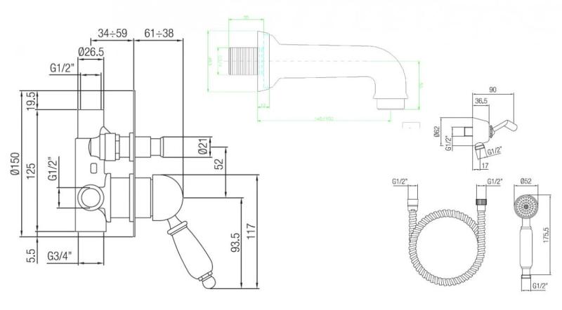 PB conjunto de banho embutido nostálgico em aço inoxidável