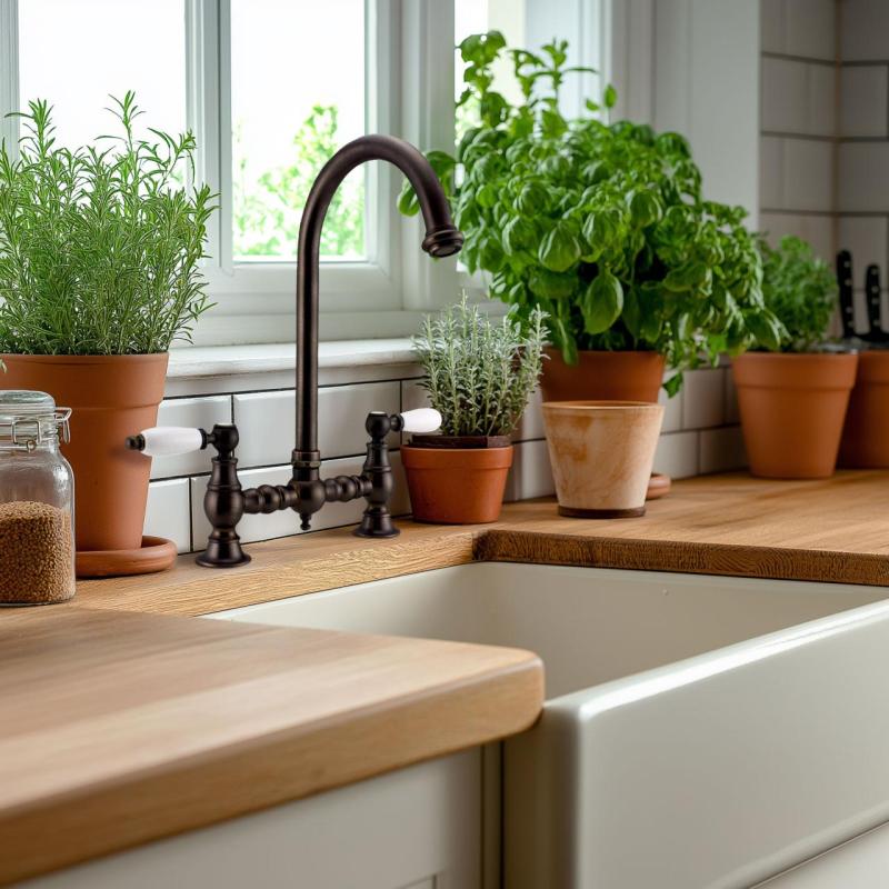 PB Torneira de Cozinha Nostálgica para Ilha, cobre escuro, bica redonda com alavancas brancas 1208954666