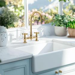 PB Torneira de Cozinha Nostálgica de Ponte de Latão Natural com Bico Redondo e Botões Estrela 1208954669