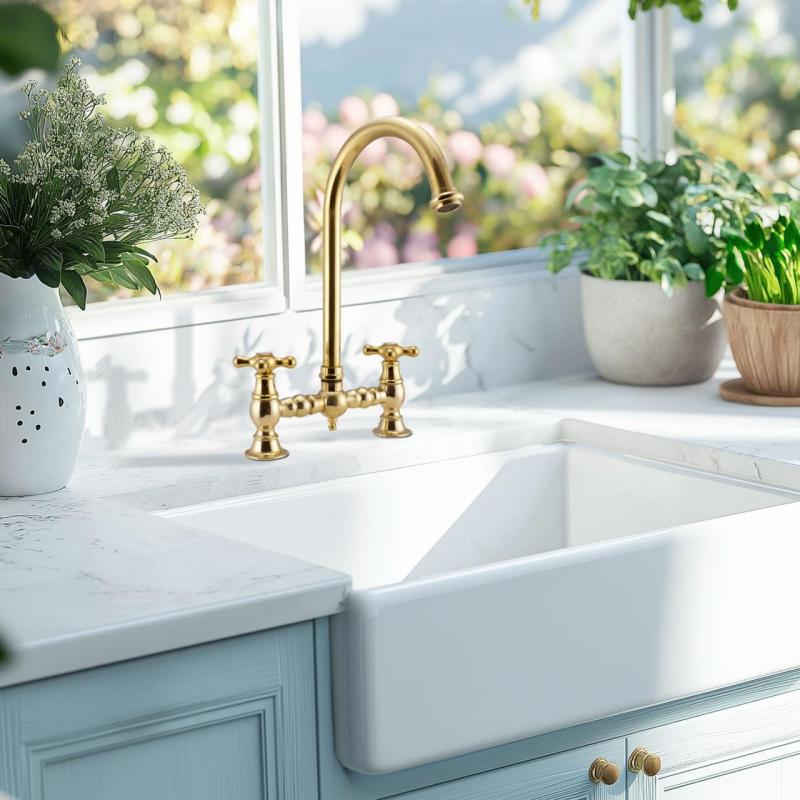 PB Torneira de Cozinha Nostálgica de Ponte de Latão Natural com Bico Redondo e Botões Estrela 1208954669