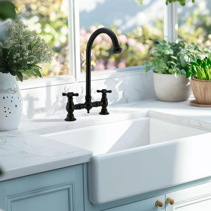 PB Torneira de Cozinha Nostálgica para Pia, preto fosco, bica arredondada com manípulos em forma de estrela 1208954671