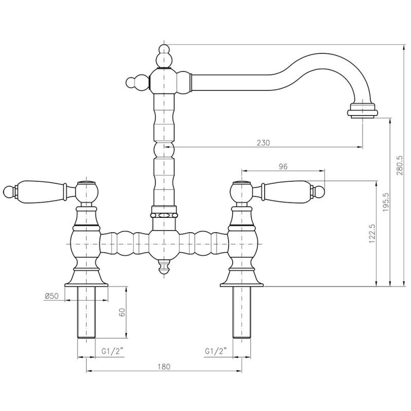 PB Nostálgica Torneira de Cozinha de Ponte em Latão Natural com Bica Angular e Alavancas Brancas 1208954672