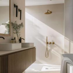 Waterevolution Flow conjunto de chuveiro embutido com termostato, chuveiro de teto e ducha de mão em latão escovado.