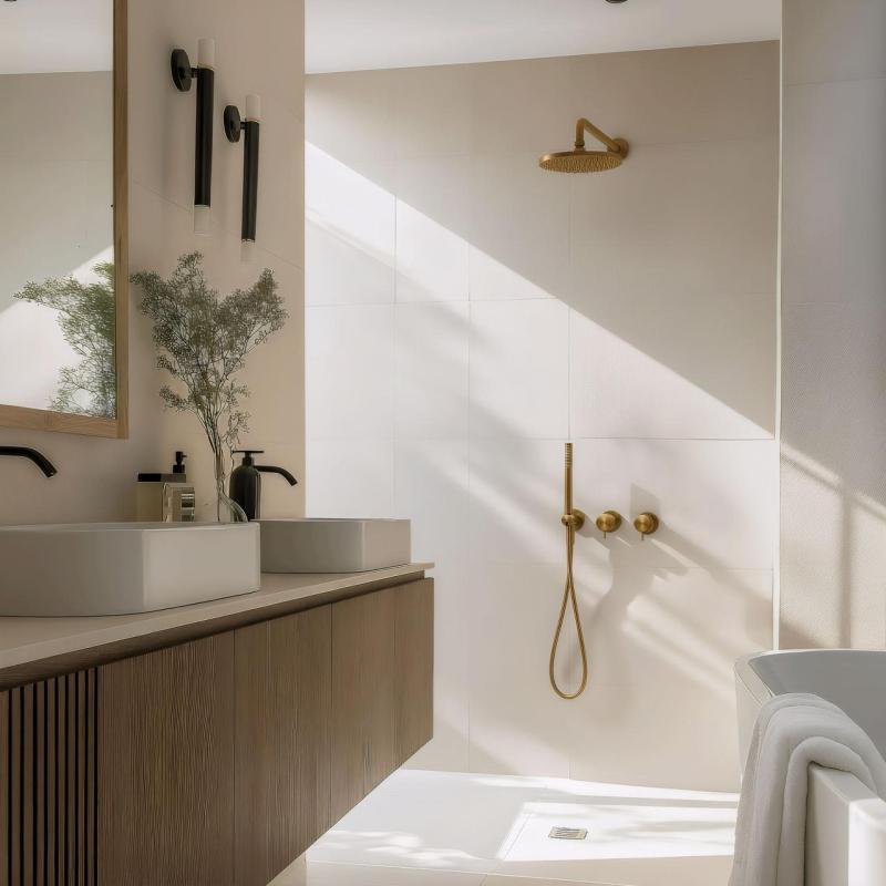 Waterevolution Flow conjunto de chuveiro embutido com termostato, chuveiro de teto e ducha de mão em latão escovado.