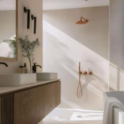 Waterevolution Flow conjunto de chuveiro embutido com termostato, ducha de teto e ducha manual em cobre escovado PVD