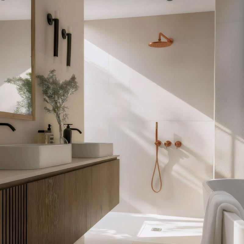 Waterevolution Flow conjunto de chuveiro embutido com termostato, ducha de teto e ducha manual em cobre escovado PVD