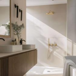 Waterevolution Flow conjunto de chuveiro embutido com termostato, chuveiro de teto e chuveiro de mão, PVD escovado light gold