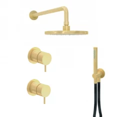 Waterevolution Flow conjunto de chuveiro embutido com termostato, chuveiro de teto e chuveiro de mão, PVD escovado light gold