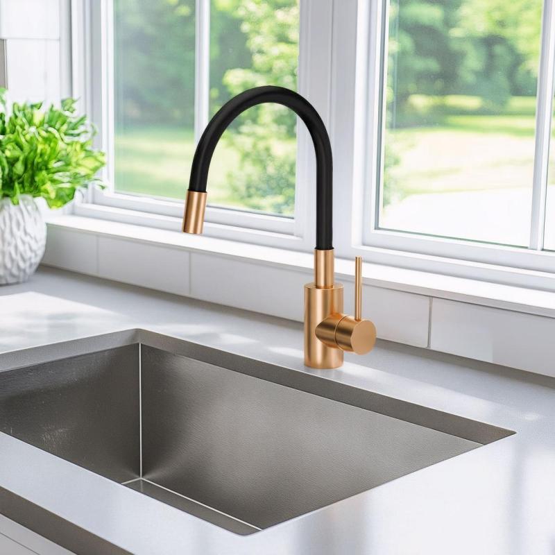 Quadri Bristol torneira de cozinha com bica flexível preta PVD cobre escovado 1208955984