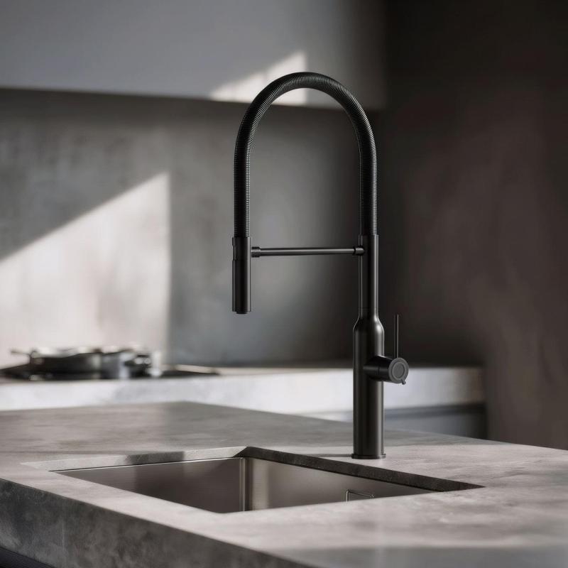 Quadri Stamford torneira de cozinha alta com bica flexível preto fosco 1208956079