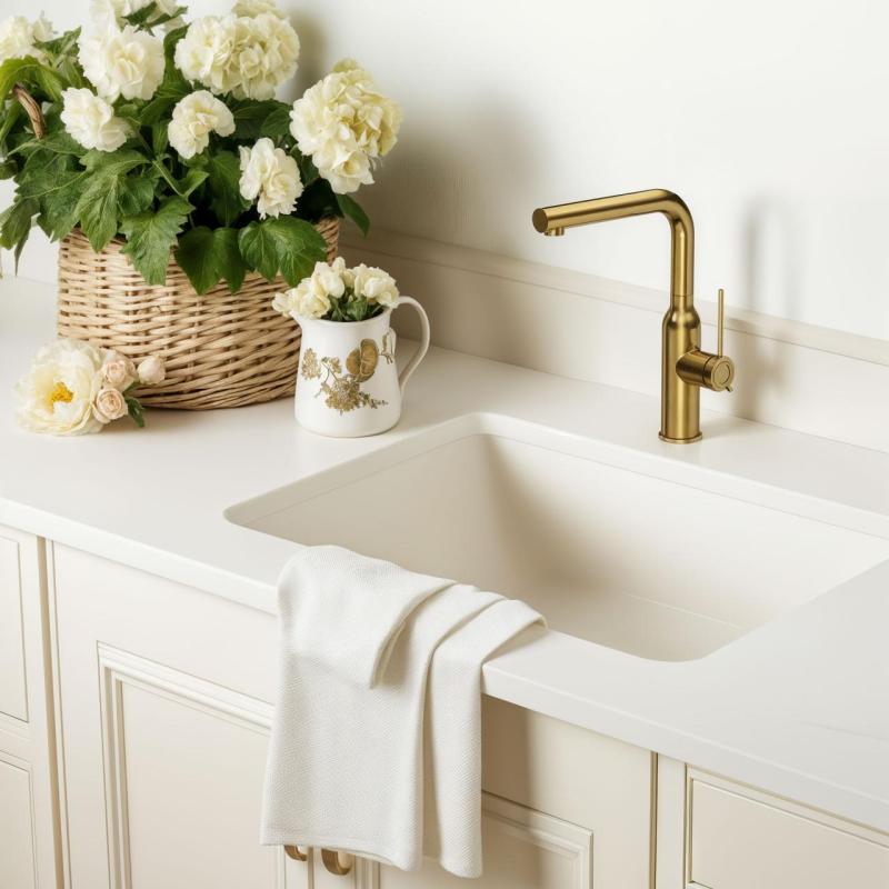 Misturador de cozinha Quadri Stamford dourado com bica removível 1208956084